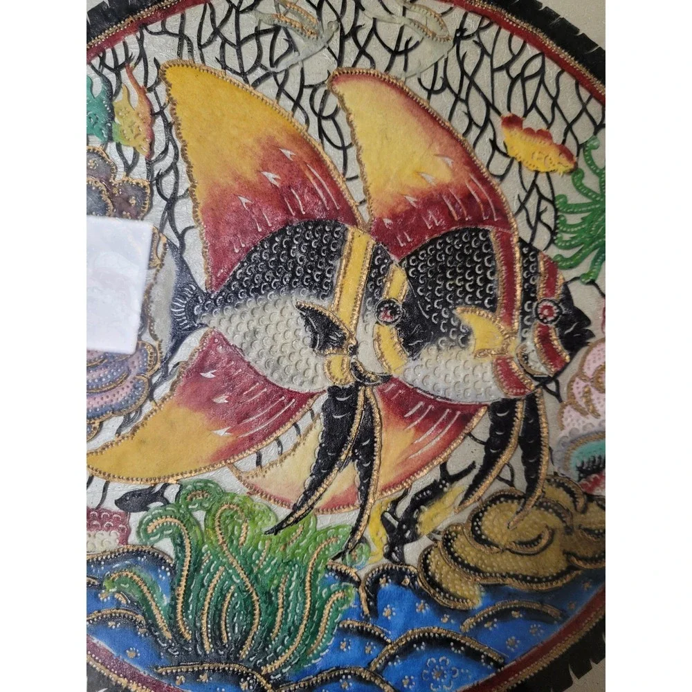 Framed Angelfish‎ Textile Art Round Mixed Media Hand Painted Embroidery 18inches